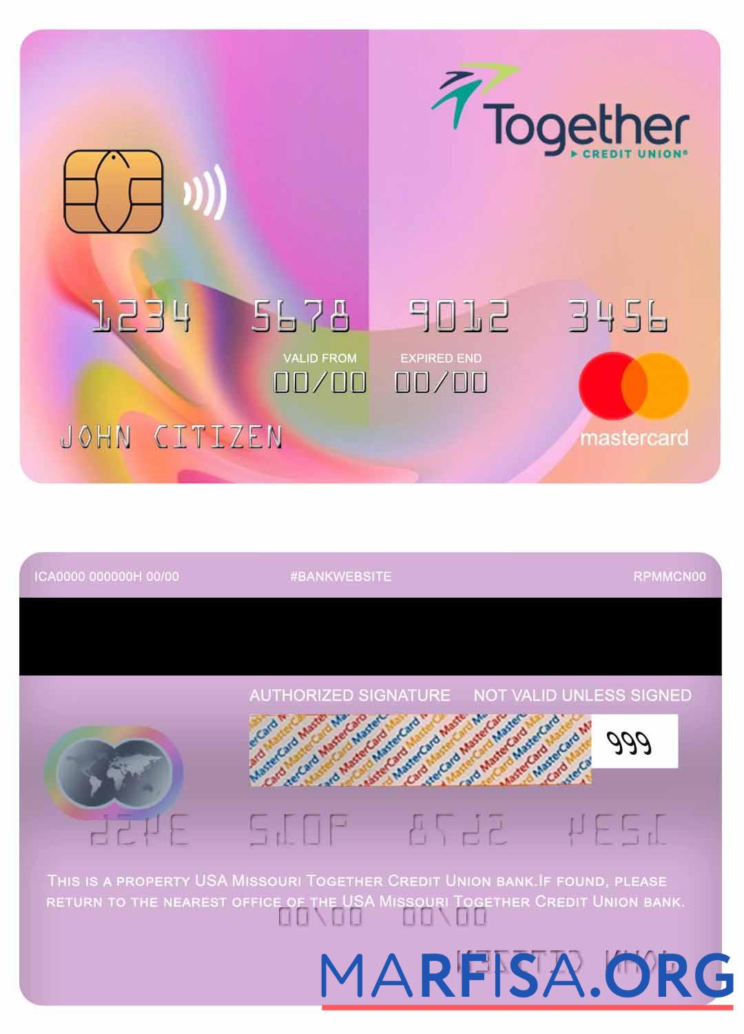 Downloadable USA Missouri Together Credit Union bank mastercard download for verification